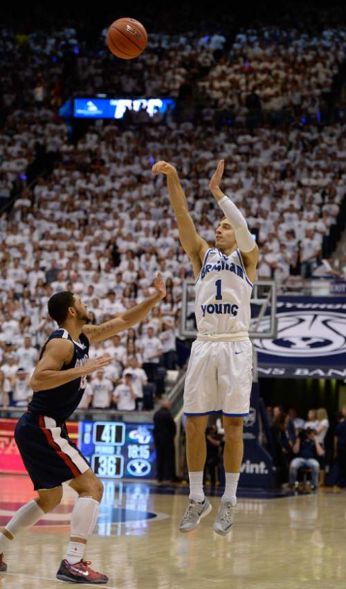 Francisco Kjolseth | The Salt Lake Tribune
Brigham Young Cougars guard Chase Fischer (1) lets it go for a thee pointer in game action against Gonzaga at the Marriott Center, Provo, UT.