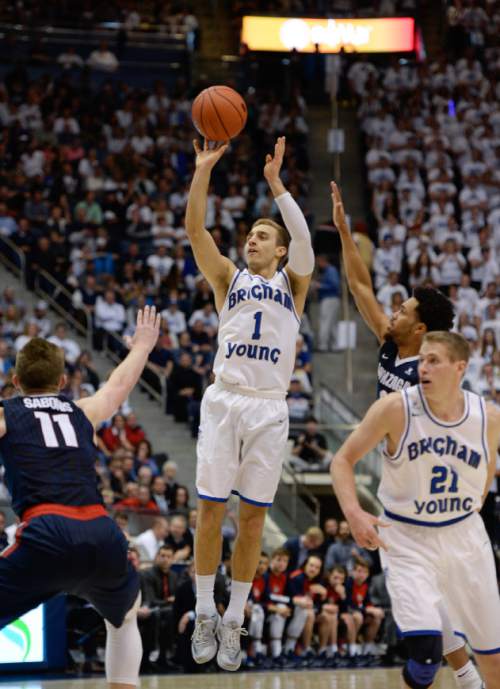 Francisco Kjolseth | The Salt Lake Tribune
Brigham Young Cougars guard Chase Fischer (1) lets it go for a thee pointer in game action against Gonzaga at the Marriott Center, Provo, UT.