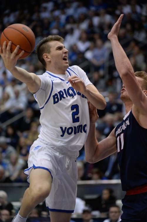 Francisco Kjolseth | The Salt Lake Tribune
Brigham Young Cougars guard Zac Seljaas (2) drives the ball against Gonzaga in game action at the Marriott Center, Provo, UT.
