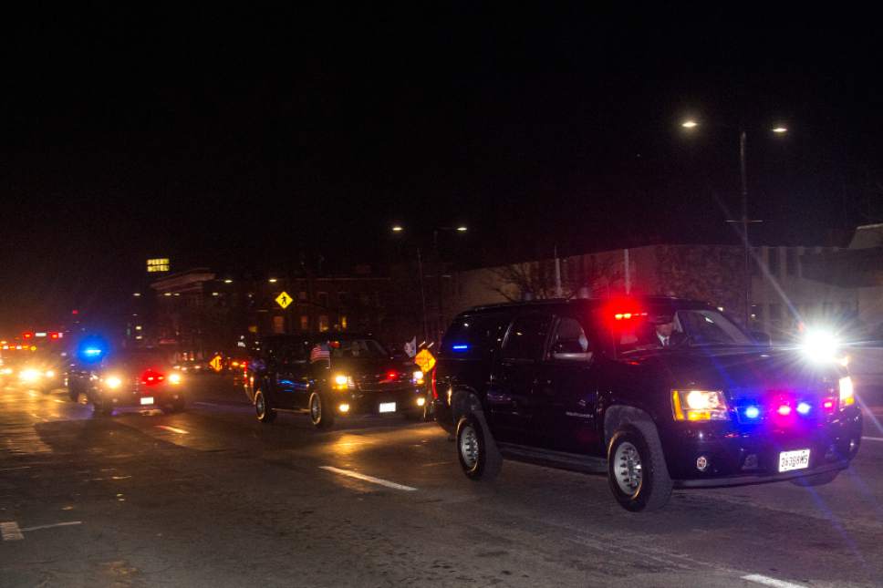 Chris Detrick  |  The Salt Lake Tribune
A motorcade drives down West Temple on the way to the Hotel Monaco Thursday February 25, 2016. Vice President Joe Biden will visit the Huntsman Cancer Institute to participate in a discussion about the initiative to cure cancer President Barack Obama has tapped him to lead.