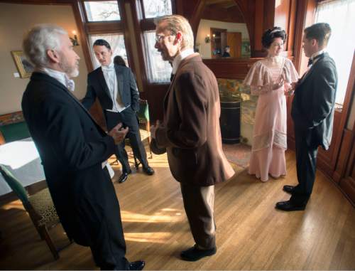 Steve Griffin  |  The Salt Lake Tribune

Joseph Dellger as Arthur Birling, John Skelley as Gerald Croft,  Christopher Kelly as Inspector Goole, Katie Wieland as Sheila Birling and John Evans Reese as Eric Birling in Pioneer Theatre Company's mystery "When An Inspector Calls," during photo shoot at the McCune Mansion in Salt Lake City, Monday, Feb. 8, 2016.