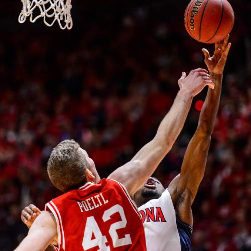 Trent Nelson  |  The Salt Lake Tribune
Utah Utes forward Jakob Poeltl (42) blocks a shot as Utah hosts Arizona, NCAA basketball at the Huntsman Center in Salt Lake City, Saturday February 27, 2016.