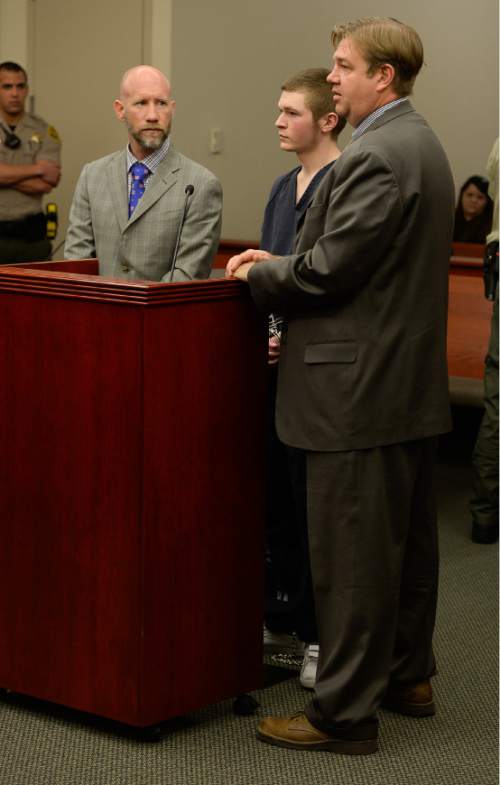 Francisco Kjolseth | The Salt Lake Tribune
Darwin Christopher Bagshaw, 18, center appears at the Matheson courthouse in Salt Lake City for a change of plea hearing on Monday, Feb. 29, 2016, alongside attorney's Adam Crayk, left, and Chris Bown. Bagshaw is charged with one count of first-degree felony murder for the 2012 death of Anne Kasprzak. Bagshaw, who was 14 at the time of the homicide, pleaded not guilty to the crime last year and a three-week trial had been set to begin March 7, nearly four years to the day after Kasprzak was beaten to death and her body dropped in the Jordan River.