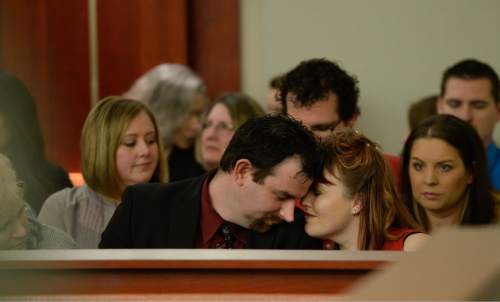 Francisco Kjolseth | The Salt Lake Tribune
James Bratcher and his wife Veronica Kasprzak-Bratcher sit in court where Darwin Christopher Bagshaw, 18, appeared for a change of plea hearing on Monday, Feb. 29, 2016 at the Matheson courthouse. Bagshaw is charged with one count of first-degree felony murder for the 2012 death of Veronica's daughter, Anne Kasprzak. 
Bagshaw, who was 14 at the time of the homicide, and pleaded not guilty to the crime last year and a three-week trial had been set to begin March 7, nearly four years to the day after Kasprzak was beaten to death and her body dropped in the Jordan River.