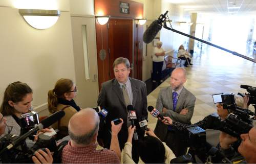 Francisco Kjolseth | The Salt Lake Tribune
Defense attorney's Chris Bown, left, and Adam Crayk speak with the media following a hearing where their client Darwin Christopher Bagshaw, 18, changed his plea to guilty on Monday, Feb. 29, 2016 at the Matheson courthouse. Bagshaw is charged with one count of first-degree felony murder for the 2012 death of Anne Kasprzak. Bagshaw, who was 14 at the time of the homicide, pleaded not guilty to the crime last year and a three-week trial had been set to begin March 7, nearly four years to the day after Kasprzak was beaten to death and her body dropped in the Jordan River.