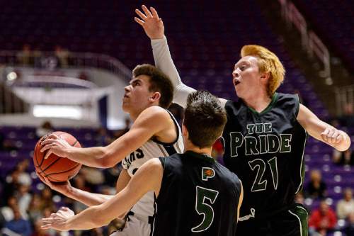 Trent Nelson  |  The Salt Lake Tribune
Corner Canyon's Braxton Coon (3) drives to the basket as Payson faces Corner Canyon in a first round game at the 4A state high school basketball tournament at the Dee Events Center in Ogden, Monday February 29, 2016.