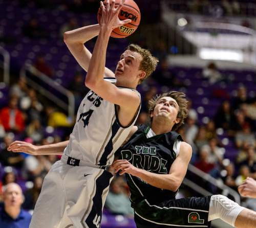 Trent Nelson  |  The Salt Lake Tribune
Corner Canyon's Cameron Dougherty (14) and Payson's Bryce Wiberg (12) as Payson faces Corner Canyon in a first round game at the 4A state high school basketball tournament at the Dee Events Center in Ogden, Monday February 29, 2016.