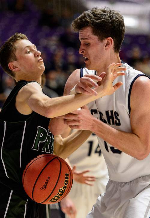 Trent Nelson  |  The Salt Lake Tribune
Payson's Michael Rowley (2) knocks the ball away from Corner Canyon's Brayden Johnson (13)  as Payson faces Corner Canyon in a first round game at the 4A state high school basketball tournament at the Dee Events Center in Ogden, Monday February 29, 2016.