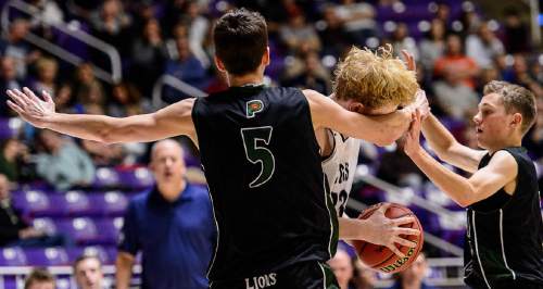 Trent Nelson  |  The Salt Lake Tribune
Corner Canyon's Tommy Groskreutz (33) runs into Payson's Marty Bleggi (5) as Payson faces Corner Canyon in a first round game at the 4A state high school basketball tournament at the Dee Events Center in Ogden, Monday February 29, 2016.