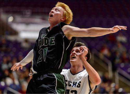 Trent Nelson  |  The Salt Lake Tribune
Payson's Damon Bahr (21) and Corner Canyon's Brayden Johnson (13)  as Payson faces Corner Canyon in a first round game at the 4A state high school basketball tournament at the Dee Events Center in Ogden, Monday February 29, 2016.