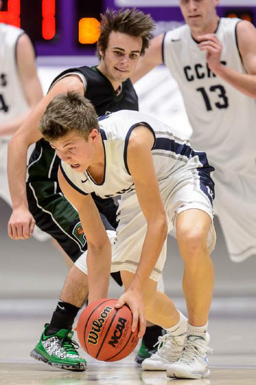 Trent Nelson  |  The Salt Lake Tribune
Corner Canyon's Zach Wilson (1) steals the ball from Payson's Bryce Wiberg (12) as Payson faces Corner Canyon in a first round game at the 4A state high school basketball tournament at the Dee Events Center in Ogden, Monday February 29, 2016.