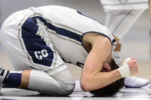 Trent Nelson  |  The Salt Lake Tribune
Corner Canyon's Brayden Johnson (13) pounds the floor after a turnover as Payson faces Corner Canyon in a first round game at the 4A state high school basketball tournament at the Dee Events Center in Ogden, Monday February 29, 2016.