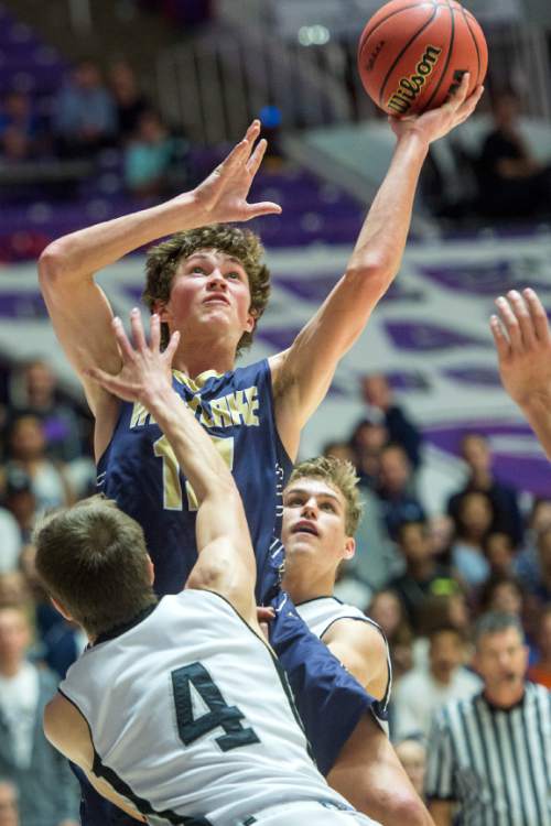 Chris Detrick  |  The Salt Lake Tribune
Westlake's Maizen Fausett (12) shoots past Weber's Cameron Mortensen (4) during the 5A boy's basketball tournament at the Dee Events Center at Weber State University Tuesday March 1, 2016. Westlake defeated Weber 70-51.