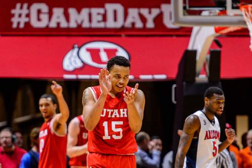 Trent Nelson  |  The Salt Lake Tribune
Utah Utes guard Lorenzo Bonam (15) celebrates in the final seconds as Utah defeats Arizona, NCAA basketball at the Huntsman Center in Salt Lake City, Saturday February 27, 2016.
