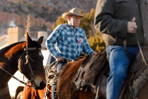 Trent Nelson  |  The Salt Lake Tribune
Cliven Bundy rides in a procession at the funeral for Robert "LaVoy" Finicum, in Kanab, Friday February 5, 2016. Finicum was shot and killed by police during a January 26 traffic stop. Finicum was part of the armed occupation of an Oregon wildlife refuge.