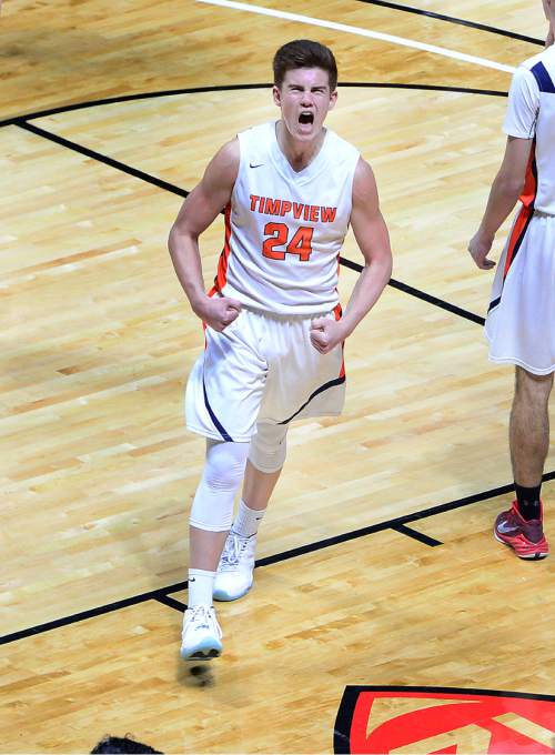 Scott Sommerdorf   |  The Salt Lake Tribune  
Timpview Colson Santiago yells after the final horn sounded and Timpview beat Highland 59-49 in a 4A semi-final played at the University of Utah, Friday, March 4, 2016.