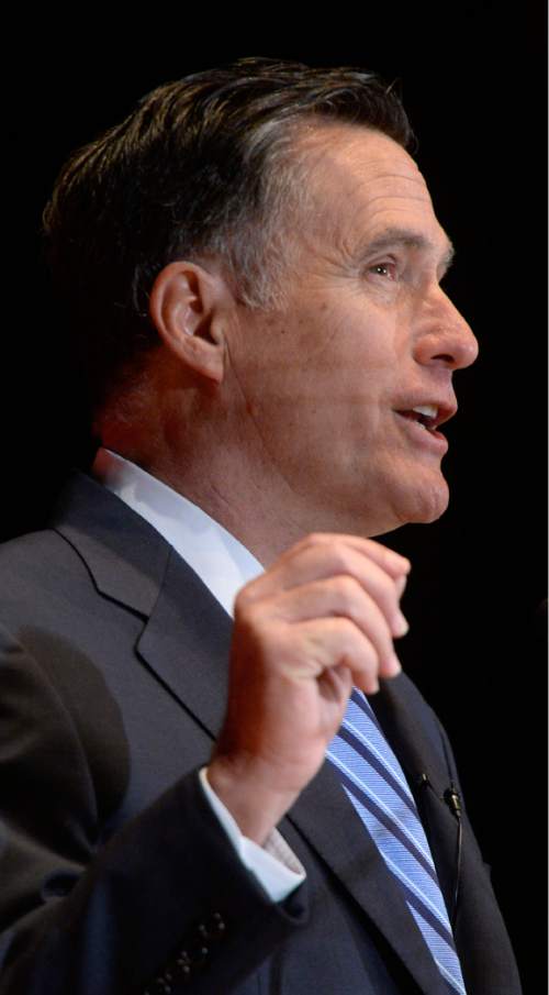Al Hartmann  |  The Salt Lake Tribune
Former presidential candidate Mitt Romney makes a speech about the state of the 2016 presidential race and Donald Trump at the Hinckley Insitute of Politics at the University of Utah Thursday March 3.