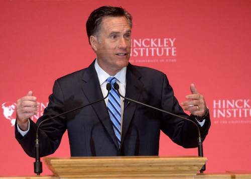 Al Hartmann  |  The Salt Lake Tribune
Former presidential candidate Mitt Romney makes a speech about the state of the 2016 presidential race and Donald Trump at the Hinckley Insitute of Politics at the University of Utah Thursday March 3.