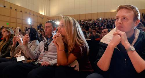 Al Hartmann  |  The Salt Lake Tribune
University of Utah students listen intently as former presidential candidate Mitt Romney makes a speech about the state of the 2016 presidential race and Donald Trump at the Hinckley Insitute of Politics at the University of Utah Thursday March 3.