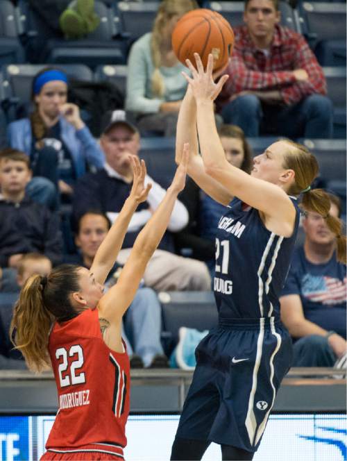 Rick Egan  |  The Salt Lake Tribune

Brigham Young Cougars guard Lexi Eaton Rydalch (21) shoots over Utah Utes guard Danielle Rodriguez (22), in basketball action, BYU vs. Utah, in the Marriott Center, Saturday, December 12, 2015. Rydalch lead all scorers with 29 points.
