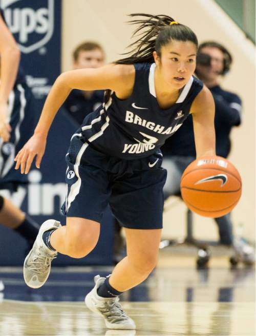 Rick Egan  |  The Salt Lake Tribune

Brigham Young guard Kylie Maeda (3) leads a fast break for the Cougars, in basketball action, BYU vs. Utah, in the Marriott Center, Saturday, December 12, 2015.