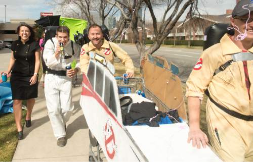 Rick Egan  |  The Salt Lake Tribune

The "Ghost Busters" team heads down West Temple, in the 9th Annual Urban Chariot Race, Saturday, March 5, 2016.