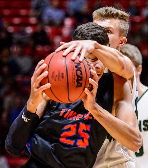 Trent Nelson  |  The Salt Lake Tribune
Timpview's Gavin Baxter (25) defended by Olympus's Miles Keller (23) as Timpview faces Olympus in the 4A state championship high school basketball game at the Huntsman Center in Salt Lake City, Saturday March 5, 2016.