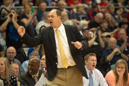 Rick Egan  |  The Salt Lake Tribune

Brigham Young Cougars head coach Jeff Judkins reacts after a call by the official in the West Coast Conference Basketball Championships at the Orleans Arena in Las Vegas, Monday, March 9, 2015.