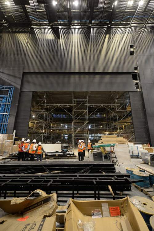 Francisco Kjolseth | The Salt Lake Tribune
Looking towards in inside of the theatre from back stage, People Tour the Eccles Theater on Main street in downtown Salt Lake City as crews work to finish construction.