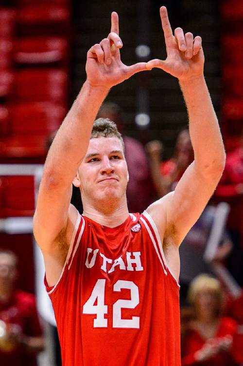 Trent Nelson  |  The Salt Lake Tribune
Utah Utes forward Jakob Poeltl (42) celebrates the win as Utah hosts Arizona, NCAA basketball at the Huntsman Center in Salt Lake City, Saturday February 27, 2016.