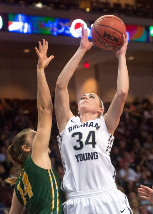 Rick Egan  |  The Salt Lake Tribune

Brigham Young Cougars forward Micaelee Orton (34) shoots over San Francisco Lady Dons forward Michaela Rakova (14), in the West Coast Conference Championship game, at the Orleans Arena in Las Vegas, Tuesday, March 8, 2016.