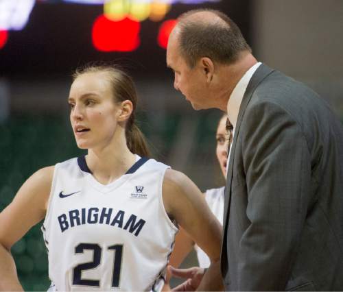 Rick Egan  |  The Salt Lake Tribune

Brigham Young Cougars head coach Jeff Judkins chats with Brigham Young Cougars guard Lexi Eaton Rydalch (21) in the final minuets of the game, in the West Coast Conference Championship game, at the Orleans Arena in Las Vegas, Tuesday, March 8, 2016.