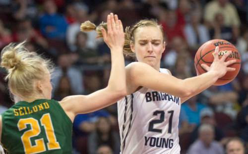 Rick Egan  |  The Salt Lake Tribune

San Francisco Lady Dons guard Anna Seilund (21) guards Brigham Young Cougars guard Lexi Eaton Rydalch (21) in the final minuets of the game, in the West Coast Conference Championship game, at the Orleans Arena in Las Vegas, Tuesday, March 8, 2016.