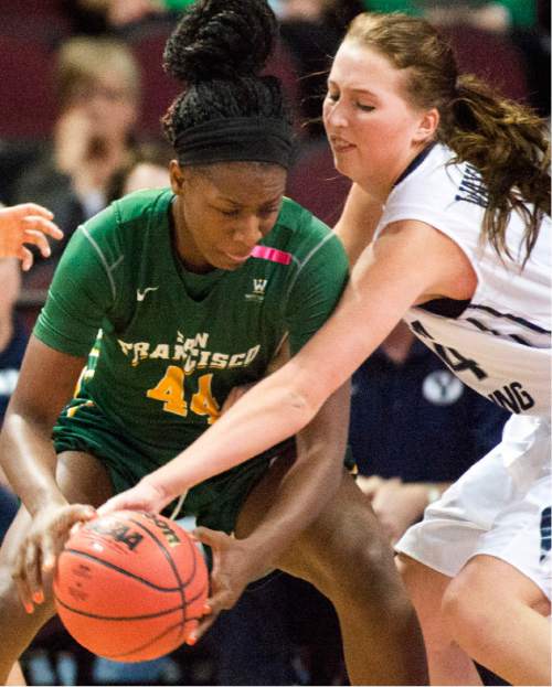 Rick Egan  |  The Salt Lake Tribune

Brigham Young Cougars forward Amanda Wayment (4) steals the ball from San Francisco Lady Dons forward Hashima Carothers (44), in the West Coast Conference Championship game, at the Orleans Arena in Las Vegas, Tuesday, March 8, 2016.