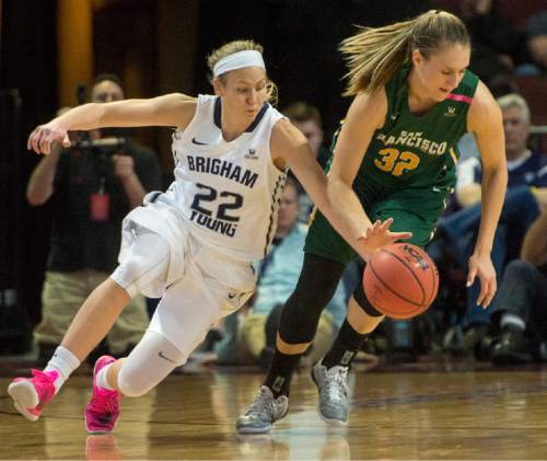 Rick Egan  |  The Salt Lake Tribune

Brigham Young Cougars guard/forward Kristine Fuller Nielson (22) steals the ball from San Francisco Lady Dons forward Taylor Proctor (32), in the West Coast Conference Championship game, at the Orleans Arena in Las Vegas, Tuesday, March 8, 2016.