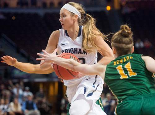 Rick Egan  |  The Salt Lake Tribune

Brigham Young Cougars guard Cassie Broadhead (20) takes the ball inside, as San Francisco Lady Dons guard Rachel Howard (11) defends, in the West Coast Conference Championship game, at the Orleans Arena in Las Vegas, Tuesday, March 8, 2016.