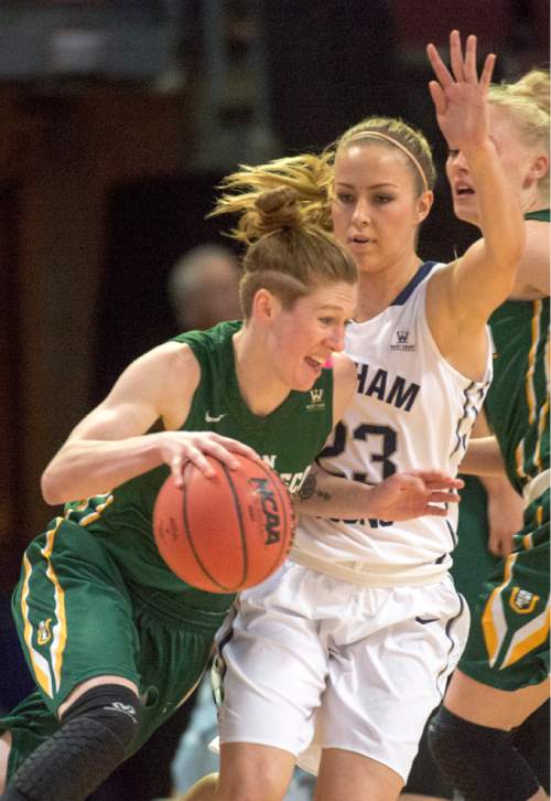 Rick Egan  |  The Salt Lake Tribune

Brigham Young Cougars guard Makenzi Morrison Pulsipher (23) guards San Francisco Lady Dons guard Rachel Howard (11) defends, in the West Coast Conference Championship game, at the Orleans Arena in Las Vegas, Tuesday, March 8, 2016.