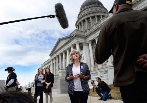 Scott Sommerdorf   |  The Salt Lake Tribune  
LaVoy Finicum's widow, Jeanette speaks about what she called her husband's "assasination" while speaking to the media prior to a rally at the Utah State Capitol, Saturday, March 5, 2016.