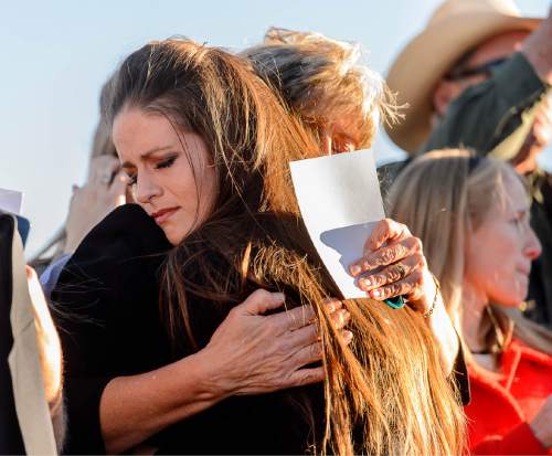 Trent Nelson  |  The Salt Lake Tribune
Thara Tenney, daughter of Robert "LaVoy" Finicum, embraces her mother Jeanette Finicum, following his funeral in Kanab, Friday February 5, 2016. Finicum was shot and killed by police during a January 26 traffic stop. Finicum was part of the armed occupation of an Oregon wildlife refuge.