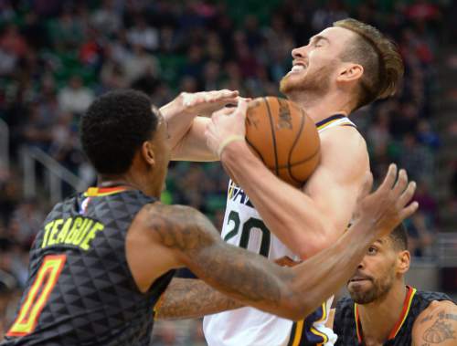 Steve Griffin  |  The Salt Lake Tribune


Utah Jazz forward Gordon Hayward (20) gets the ball knocked from his hands by Atlanta Hawks guard Jeff Teague (0) during the Jazz Hawks NBA game at Vivint Smart Home Arena in Salt Lake City, Tuesday, March 8, 2016.