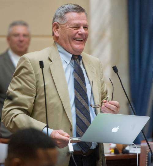 Rick Egan  |  The Salt Lake Tribune

Senator Scott Jenkins smiles during a discussion on the floor of the senate on  Sen. Evan Vickers, Bill SB89, Friday, February 19, 2016.