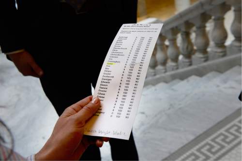 Scott Sommerdorf   |  The Salt Lake Tribune  
Lobbyist Marina Lowe holds the scoresheet showing which way representatives are planning on voting on SB189 - Death Penalty Amendments - Thursday, March 10, 2016.