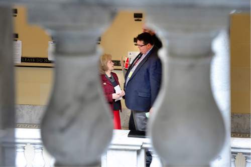 Scott Sommerdorf   |  The Salt Lake Tribune  
Gayle Ruzicka, President of the Utah Eagle Forum speaks with Rep. Francis Gibson outside the Utah House of Representatives, Thursday, March 10, 2016.