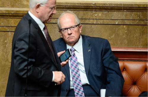 Scott Sommerdorf   |  The Salt Lake Tribune  
Rep. Mike Noel, R-Kanab, sits on a bench in the Utah House of Representatives, after having had an altercation with Minority Leader Rep. Brian King, D-Salt Lake, on the House floor, Thursday, March 10, 2016.