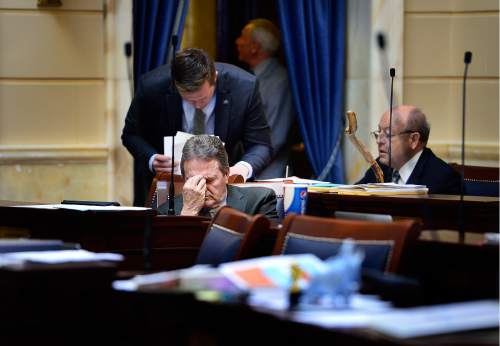 Scott Sommerdorf   |  The Salt Lake Tribune  
Senator Jerry W. Stevenson, R-Layton, sits on the Senate during a vote on the longest and last day of the Utah Legislature, Thursday, March 10, 2016.