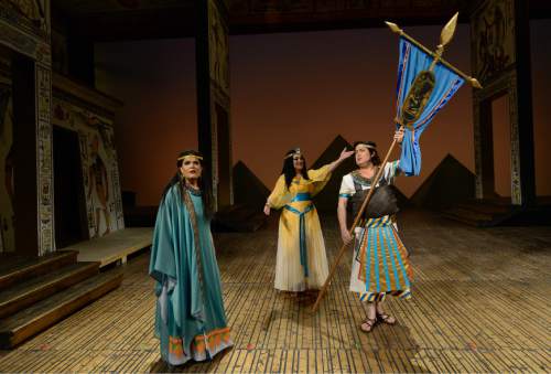 Francisco Kjolseth | The Salt Lake Tribune
Members of Utah Opera's production of "Aida" gather on set in costumes, wigs and makeup. They are Jennifer Check (Aida, the captive Ethiopian princess), left, Katharine Goeldner (Amneris, the Egyptian princess) and Marc Heller (Radamès, the Egyptian soldier both women are interested in).