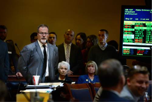 Scott Sommerdorf   |  The Salt Lake Tribune  
Senator Stephen Urquhart, R-StGeorge, speaks to his bill HB107 - Hate Crimes - in the Utah Senate on Wednesday.