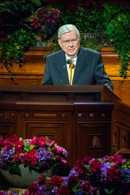 Chris Detrick  |  The Salt Lake Tribune
M. Russell Ballard, Quorum of the Twelve Apostles, speaks during morning session of the 185th LDS General Conference at  the Conference Center in Salt Lake City Saturday October 3, 2015.