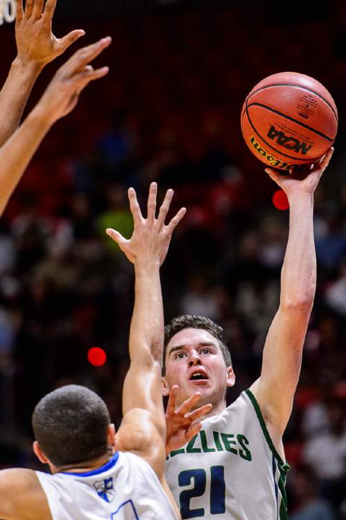 Trent Nelson  |  The Salt Lake Tribune
Copper Hills's Charlie Olsen (21) puts up a shot as Copper Hills faces Bingham in the 5A state championship high school basketball game at the Huntsman Center in Salt Lake City, Saturday March 5, 2016.