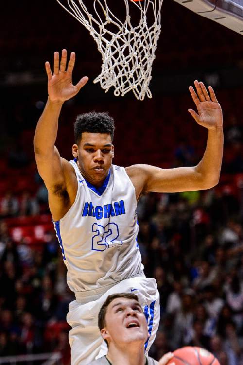 Trent Nelson  |  The Salt Lake Tribune
Bingham's Yoeli Childs (22) defending Copper Hills's Porter Hawkins (11) as Copper Hills faces Bingham in the 5A state championship high school basketball game at the Huntsman Center in Salt Lake City, Saturday March 5, 2016.